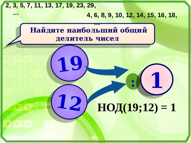 2, 3, 5, 7, 11, 13, 17, 19, 23, 29, … 19 12 : ? 4, 6, 8, 9, 10, 12, 14, 15, 16, 18, …  Найдите наибольший общий делитель чисел 1 НОД(19;12) = 1 