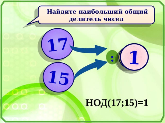 17 15 : ? 1  Найдите наибольший общий делитель чисел НОД(17;15)=1 