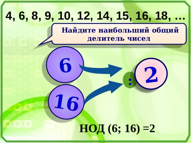 6 16 : ? 2 4, 6, 8, 9, 10, 12, 14, 15, 16, 18, …  Найдите наибольший общий делитель чисел НОД (6; 16) =2 