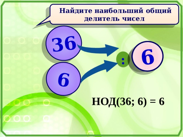 36 6 : ? 6  Найдите наибольший общий делитель чисел  НОД(36; 6) = 6 