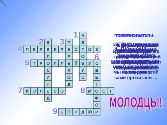 А ПО ГОРИЗОНТАЛИ: ПО ВЕРТИКАЛИ: В П В 7. У машины – есть, у телеги – есть, у велосипеда – есть, а у поезда – не счесть. 2. Этот конь не ест овса, вместо ног – два колеса. Сядь верхом и мчись на нем, только лучше правь рулем. 3. Где бы нам через дорогу к магазину перейти? Вот за этими ларьками, там, где стрелка у ворот, мы на стрелке этой сами прочитали … 5. Удивительный вагон! Посудите сами: рельсы в воздухе, а он держит их руками.  8. Через реку во всю ширь лёг огромный богатырь. 9. Специальный камень, отделяющий край тротуара от проезжей части. 1. Что за чудо этот дом! Окна светлые кругом. Носит обувь из резины, а питается бензином. 6. Я глазищами моргаю неустанно день и ночь. Я машинам помогаю и тебе хочу помочь. 4. Пересечение двух дорог. П Е Р Р С Т О К Е Е К Л О Р Л Й Б Е С О У Р Т Л В С Х У Е С О И Д П Т Т К Е О С М О О С Л Д Ф О Р Б Ю Д Р О 