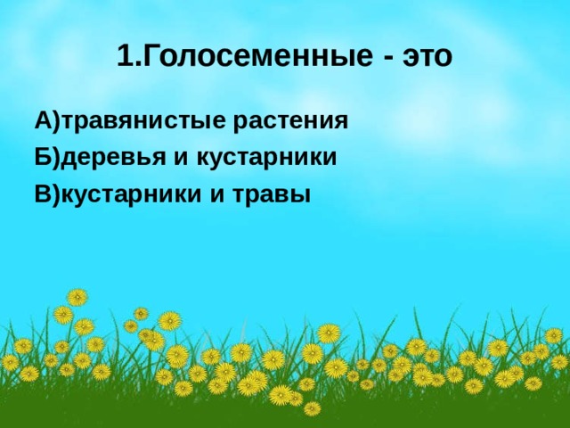 1.Голосеменные - это А)травянистые растения Б)деревья и кустарники В)кустарники и травы  