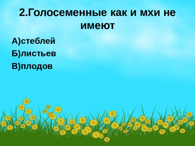 2.Голосеменные как и мхи не имеют А)стеблей Б)листьев В)плодов  