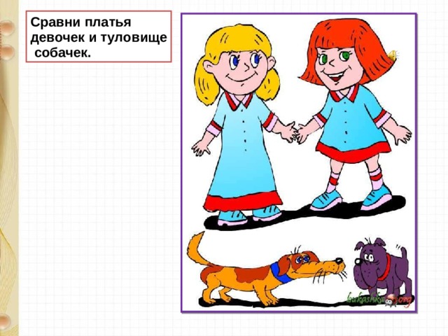 Сравни платья девочек и туловище  собачек. 