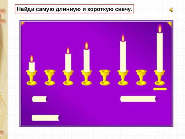 Найди самую длинную и короткую свечу. 