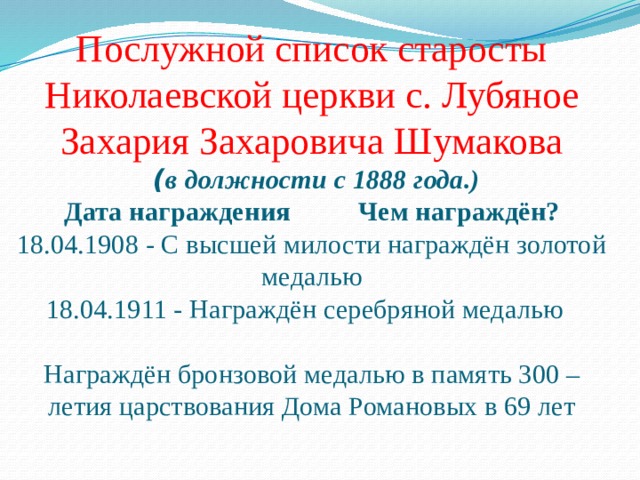 Послужной список старосты Николаевской церкви с. Лубяное Захария Захаровича Шумакова  ( в должности с 1888 года.)  Дата награждения Чем награждён?  18.04.1908 - С высшей милости награждён золотой медалью  18.04.1911 - Награждён серебряной медалью     Награждён бронзовой медалью в память 300 – летия царствования Дома Романовых в 69 лет