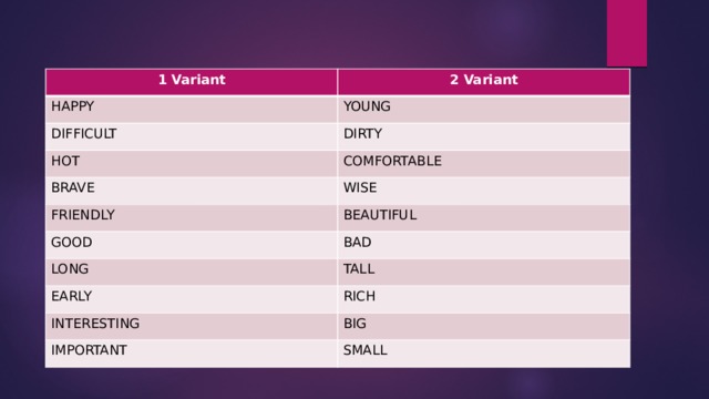 1 Variant 2 Variant HAPPY YOUNG DIFFICULT DIRTY HOT COMFORTABLE BRAVE WISE FRIENDLY BEAUTIFUL GOOD BAD LONG TALL EARLY RICH INTERESTING BIG IMPORTANT SMALL 
