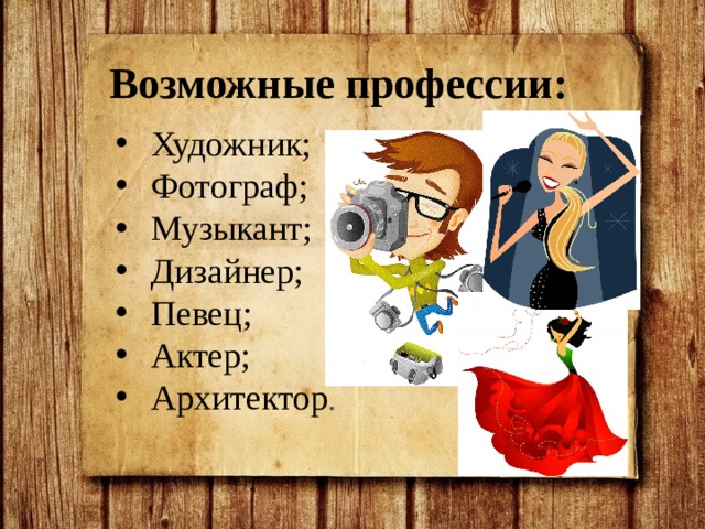 Возможные профессии: Художник; Фотограф; Музыкант; Дизайнер; Певец; Актер; Архитектор . 