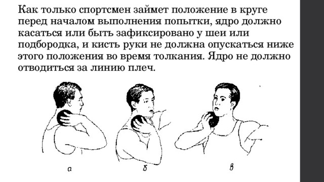 Как только спортсмен займет положение в круге перед началом выполнения попытки, ядро должно касаться или быть зафиксировано у шеи или подбородка, и кисть руки не должна опускаться ниже этого положения во время толкания. Ядро не должно отводиться за линию плеч. 