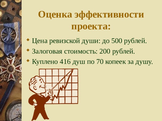 Оценка эффективности проекта: Цена ревизской души: до 500 рублей. Залоговая стоимость: 200 рублей. Куплено 416 душ по 70 копеек за душу. 