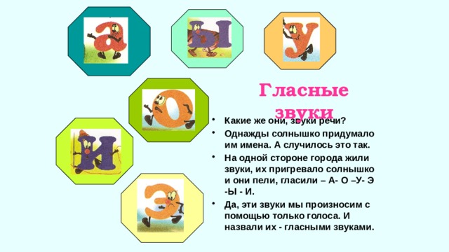 Гласные звуки Какие же они, звуки речи? Однажды солнышко придумало им имена. А случилось это так. На одной стороне города жили звуки, их пригревало солнышко и они пели, гласили – А- О –У- Э -Ы - И. Да, эти звуки мы произносим с помощью только голоса. И назвали их - гласными звуками.  