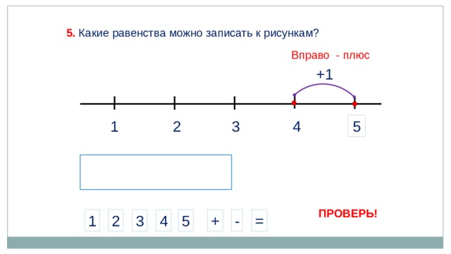 5. Какие равенства можно записать к рисункам? Вправо - плюс +1 2 4 5 3 1 ПРОВЕРЬ! = - + 4 3 5 2 1 