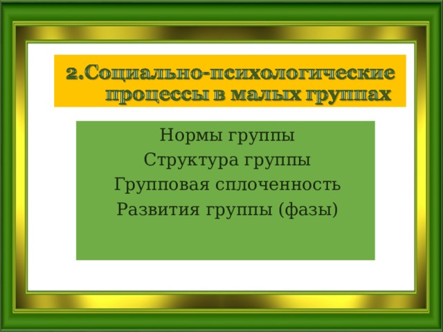 Нормы группы Структура группы Групповая сплоченность Развития группы (фазы) 