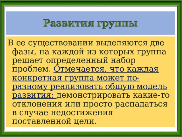В ее существовании выделяются две фазы, на каждой из которых группа решает определенный набор проблем. Отмечается, что каждая конкретная группа может по-разному реализовать общую модель развития: демонстрировать какие-то отклонения или просто распадаться в случае недостижения поставленной цели. 