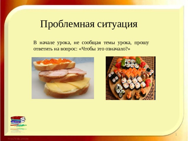 Проблемная ситуация В начале урока, не сообщая темы урока, прошу ответить на вопрос: «Чтобы это означало?» 