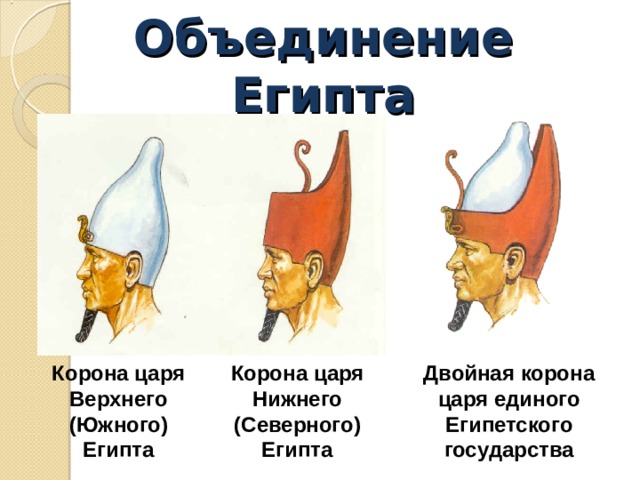 Объединение Египта Корона царя Нижнего (Северного) Египта Корона царя Верхнего (Южного) Египта Двойная корона царя единого Египетского государства 