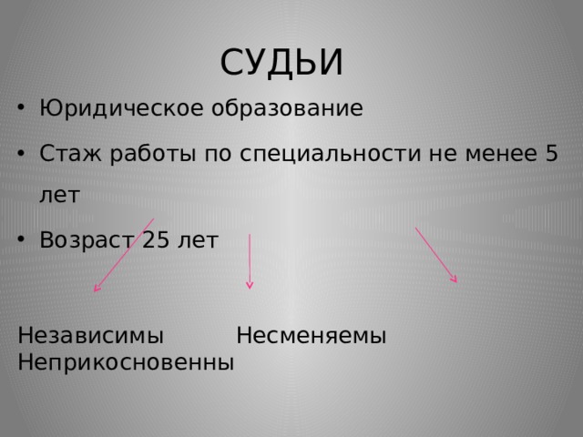 СУДЬИ Юридическое образование Стаж работы по специальности не менее 5 лет Возраст 25 лет Независимы Несменяемы Неприкосновенны 