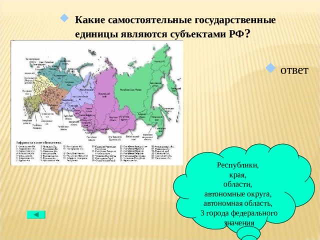 Какие самостоятельные государственные единицы являются субъектами РФ ?  ответ Республики,  края, области, автономные округа, автономная область, 3 города федерального значения 