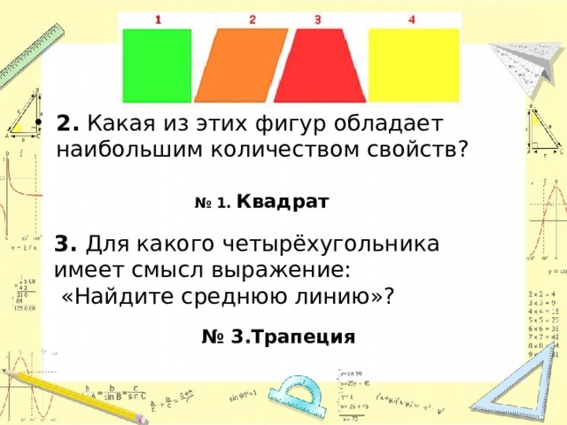 2. Какая из этих фигур обладает наибольшим количеством свойств?  № 1. Квадрат  3. Для какого четырёхугольника имеет смысл выражение:  «Найдите среднюю линию»?  № 3.Трапеция  