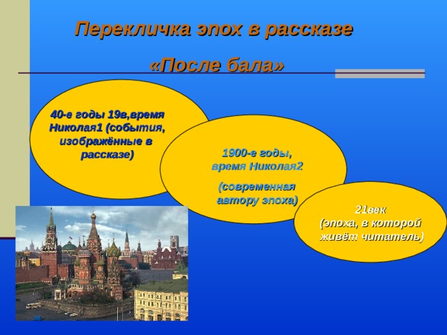 Перекличка эпох в рассказе «После бала» 40-е годы 19в,время Николая1 (события, изображённые в рассказе) 1900-е годы, время Николая2 (современная автору эпоха) 21век (эпоха, в которой  живёт читатель) 