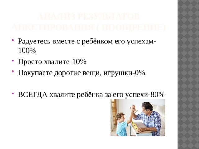 Анализ результатов анкетирования ( поощрение) Радуетесь вместе с ребёнком его успехам-100% Просто хвалите-10% Покупаете дорогие вещи, игрушки-0% ВСЕГДА хвалите ребёнка за его успехи-80% 