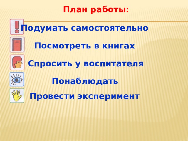 План работы: Подумать самостоятельно Посмотреть в книгах Спросить у воспитателя Понаблюдать Провести эксперимент 