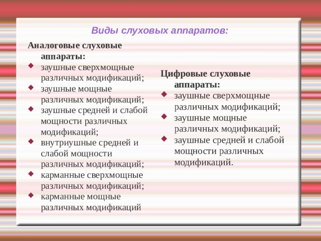Виды слуховых аппаратов: Аналоговые слуховые аппараты: заушные сверхмощные различных модификаций; заушные мощные различных модификаций; заушные средней и слабой мощности различных модификаций; внутриушные средней и слабой мощности различных модификаций; карманные сверхмощные различных модификаций; карманные мощные различных модификаций Цифровые слуховые аппараты: заушные сверхмощные различных модификаций; заушные мощные различных модификаций; заушные средней и слабой мощности различных модификаций. 