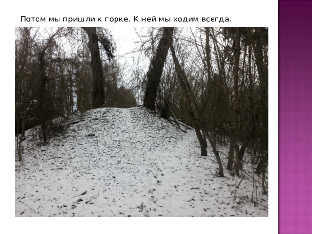 Потом мы пришли к горке. К ней мы ходим всегда. 