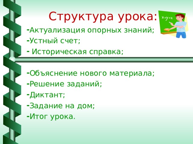 Структура урока: Актуализация опорных знаний; Устный счет;  Историческая справка;  Объяснение нового материала; Решение заданий; Диктант; Задание на дом; Итог урока.  