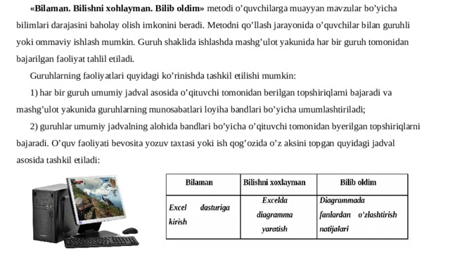 «Bilaman. Bilishni xohlayman. Bilib oldim» metodi o’quvchilarga muayyan mavzular bo’yicha bilimlari darajasini baholay olish imkonini beradi. Metodni qo’llash jarayonida o’quvchilar bilan guruhli yoki ommaviy ishlash mumkin. Guruh shaklida ishlashda mashg’ulot yakunida har bir guruh tomonidan bajarilgan faoliyat tahlil etiladi. Guruhlarning faoliyatlari quyidagi ko’rinishda tashkil etilishi mumkin: 1) har bir guruh umumiy jadval asosida o’qituvchi tomonidan berilgan topshiriqlarni bajaradi va mashg’ulot yakunida guruhlarning munosabatlari loyiha bandlari bo’yicha umumlashtiriladi; 2) guruhlar umumiy jadvalning alohida bandlari bo’yicha o’qituvchi tomonidan byerilgan topshiriqlarni bajaradi. O’quv faoliyati bevosita yozuv taxtasi yoki ish qog’ozida o’z aksini topgan quyidagi jadval asosida tashkil etiladi: 