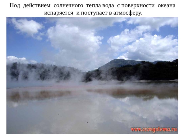 Под действием солнечного тепла вода с поверхности океана испаряется и поступает в атмосферу.