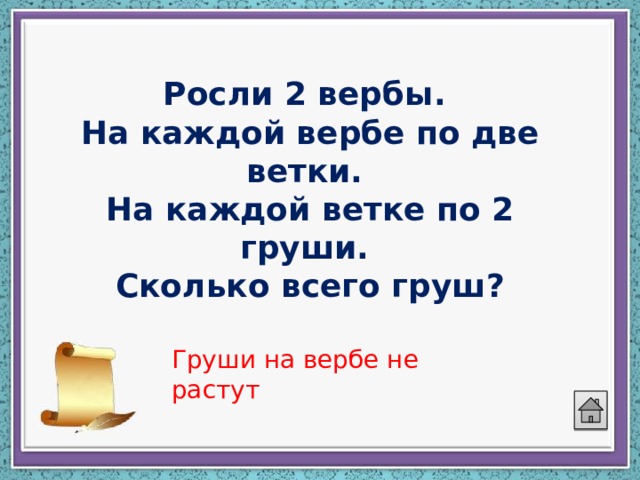 Росли 2 вербы.   На каждой вербе по две ветки.   На каждой ветке по 2 груши.   Сколько всего груш? Груши на вербе не растут 