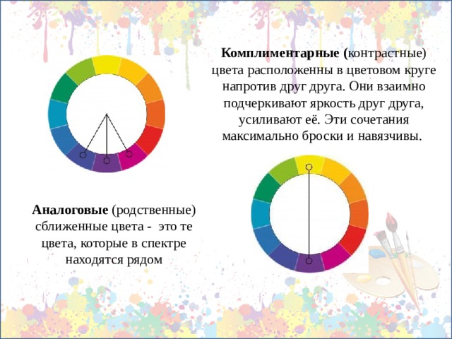 Комплиментарные ( контрастные) цвета расположенны в цветовом круге напротив друг друга. Они взаимно подчеркивают яркость друг друга, усиливают её.  Эти сочетания максимально броски и навязчивы. Аналоговые (родственные) сближенные  цвета - это те цвета, которые в спектре находятся рядом 