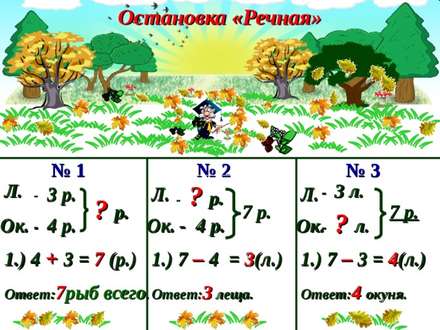 Остановка «Речная»  № 1 № 2 № 3 - 3 л. -  ? р. Л. -  3 р. Л. Л. ? р. 7 р.  7 р. - ? л. Ок. Ок. - 4 р. -  4 р. Ок. 1.) 7 – 4 = 3 (л.) Ответ: 3  леща. 1.) 4 +  3 = 7 (р.) Ответ: 7 рыб всего . 1.) 7 –  3 = 4 (л.) Ответ: 4 окуня. 