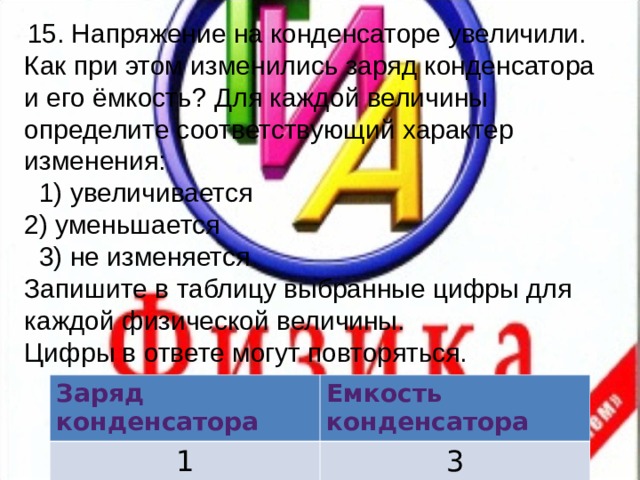  15. Напряжение на конденсаторе увеличили. Как при этом изменились заряд конденсатора и его ёмкость? Для каждой величины определите соответствующий характер изменения:  1) увеличивается 2) уменьшается  3) не изменяется Запишите в таблицу выбранные цифры для каждой физической величины. Цифры в ответе могут повторяться. Заряд конденсатора 1 Емкость конденсатора 3 