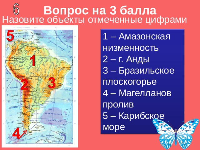 Вопрос на 3 балла Назовите объекты отмеченные цифрами 1 – Амазонская низменность 2 – г. Анды 3 – Бразильское плоскогорье 4 – Магелланов пролив 5 – Карибское море 