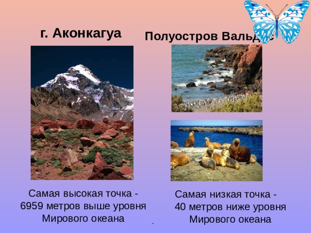 г. Аконкагуа Полуостров Вальдес Самая высокая точка -  6959  метров выше уровня Мирового океана Самая низкая точка - 40 метров ниже уровня Мирового океана . 