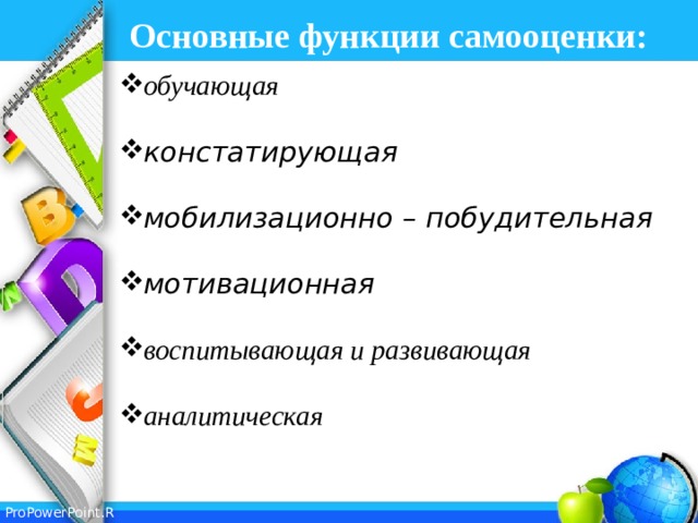 Основные функции самооценки:  обучающая констатирующая мобилизационно – побудительная мотивационная воспитывающая и развивающая аналитическая   