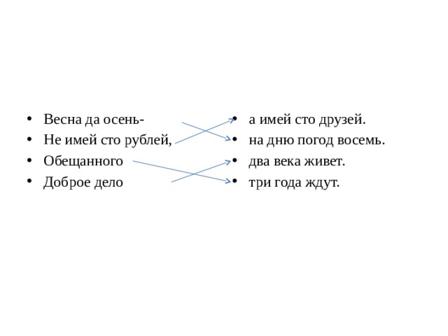 Весна да осень- Не имей сто рублей, Обещанного Доброе дело а имей сто друзей. на дню погод восемь. два века живет. три года ждут. 