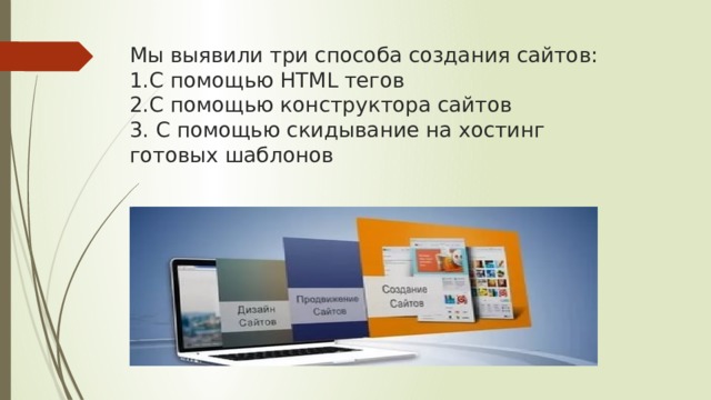 Мы выявили три способа создания сайтов:  1.С помощью HTML тегов  2.С помощью конструктора сайтов  3. С помощью скидывание на хостинг готовых шаблонов 