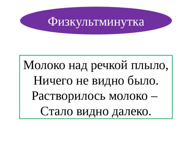 Физкультминутка Молоко над речкой плыло, Ничего не видно было. Растворилось молоко – Стало видно далеко. 