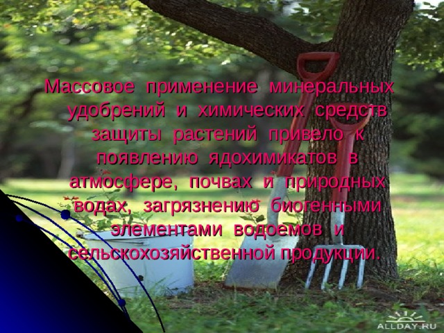 Массовое применение минеральных удобрений и химических средств защиты растений привело к появлению ядохимикатов в атмосфере, почвах и природных водах, загрязнению биогенными элементами водоемов и сельскохозяйственной продукции.  
