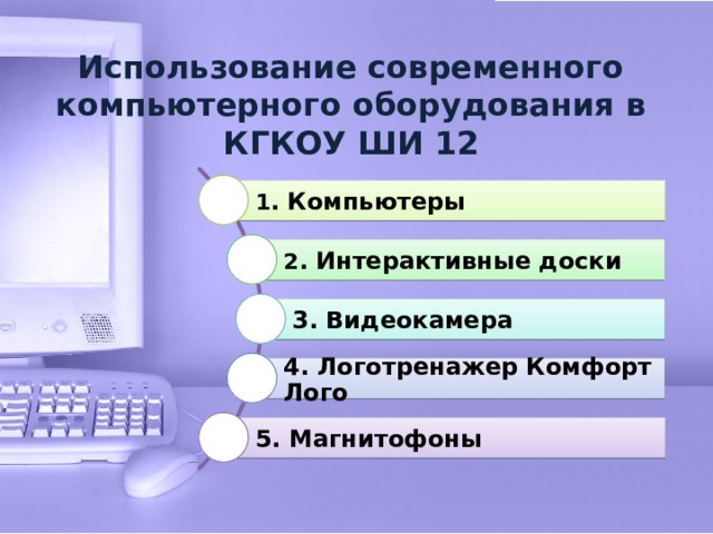 Использование современного компьютерного оборудования в КГКОУ ШИ 12 1 . Компьютеры 2 . Интерактивные доски 3. Видеокамера 4. Логотренажер Комфорт Лого 5. Магнитофоны 