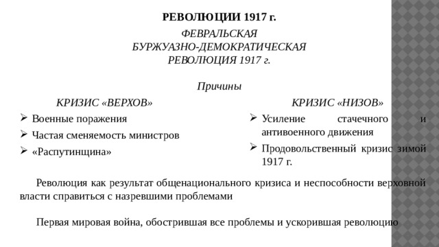РЕВОЛЮЦИИ 1917 г. ФЕВРАЛЬСКАЯ БУРЖУАЗНО-ДЕМОКРАТИЧЕСКАЯ РЕВОЛЮЦИЯ 1917 г. Причины КРИЗИС «ВЕРХОВ» КРИЗИС «НИЗОВ»  Военные поражения Усиление стачечного и антивоенного движения Частая сменяемость министров Продовольственный кризис зимой 1917 г. «Распутинщина»  Революция как результат общенационального кризиса и неспособности верховной власти справиться с назревшими проблемами  Первая мировая война, обострившая все проблемы и ускорившая революцию  