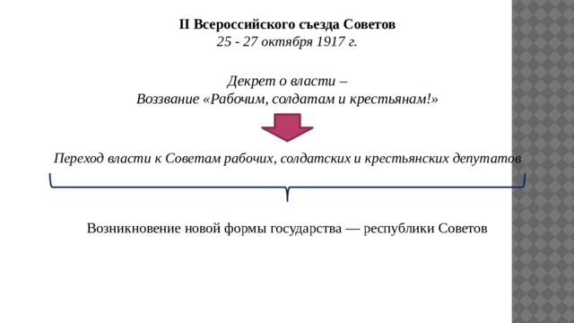 II Всероссийского съезда Советов 25 - 27 октября 1917 г. Декрет о власти – Воззвание «Рабочим, солдатам и крестьянам!» Переход власти к Советам рабочих, солдатских и крестьянских депутатов Возникновение новой формы государства — республики Советов 