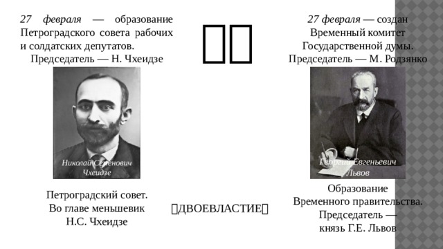 27 февраля — образование Петроградского совета рабочих и солдатских депутатов. 27 февраля — создан Временный комитет Государственной думы.  Председатель — Н. Чхеидзе Председатель — М. Родзянко Георгий Евгеньевич Львов Николай Семенович Чхеидзе Образование Временного правительства. Председатель — князь Г.Е. Львов Петроградский совет. Во главе меньшевик Н.С. Чхеидзе  ДВОЕВЛАСТИЕ  