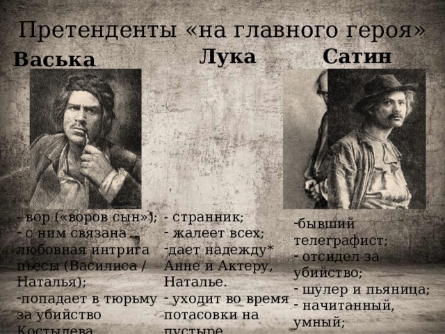 Претенденты «на главного героя» Сатин Лука Васька Пепел - вор («воров сын»); - странник;  с ним связана любовная интрига пьесы (Василиса / Наталья); попадает в тюрьму за убийство Костылева.  жалеет всех; дает надежду* Анне и Актеру, Наталье.  уходит во время потасовки на пустыре. бывший телеграфист;  отсидел за убийство;  шулер и пьяница;  начитанный, умный; только говорит, но ничего не делает. 