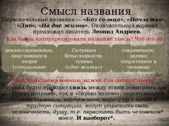 Смысл названия Первоначальные названия — «Без солнца», «Ночлежка», «Дно», «На дне жизни». Окончательный вариант предложил писатель Леонид Андреев . Как бы вы интерпретировали название пьесы? Что это за дно?     Что, по вашему мнению, важно для автора пьесы? Горький будто проводит связь между этими понятиями как «слева направо», так и «справа налево»: опустившиеся люди (пьяницы, картежники, воры и пр.), попав в трудную ситуацию, могут утратить свою человечность, душу, т.е. перестать быть человеком* вовсе . И наоборот*. Среда деклассированных, опустившихся людей Ситуация безысходности, тупика Нечто сокровенное, далеко запрятанное в человеке (« социальное дно ») (« дно жизни ») (« дно души ») 