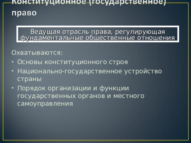 Ведущая отрасль права, регулирующая фундаментальные общественные отношения Охватываются: Основы конституционного строя Национально-государственное устройство страны Порядок организации и функции государственных органов и местного самоуправления 