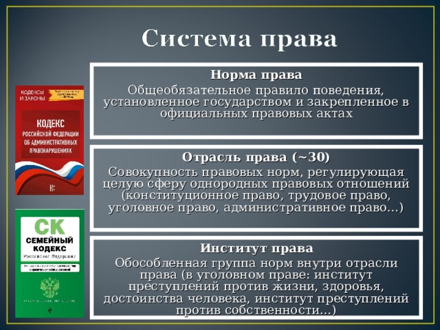 Норма права Общеобязательное правило поведения, установленное государством и закрепленное в официальных правовых актах Отрасль права ( ~ 30) Совокупность правовых норм, регулирующая целую сферу однородных правовых отношений (конституционное право, трудовое право, уголовное право, административное право…) Институт права Обособленная группа норм внутри отрасли права (в уголовном праве: институт преступлений против жизни, здоровья, достоинства человека, институт преступлений против собственности…) 